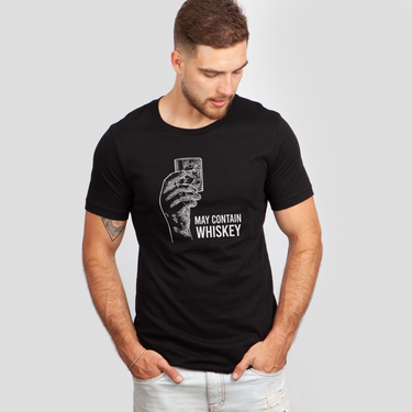 may contain holding whiskey glass black shirt
